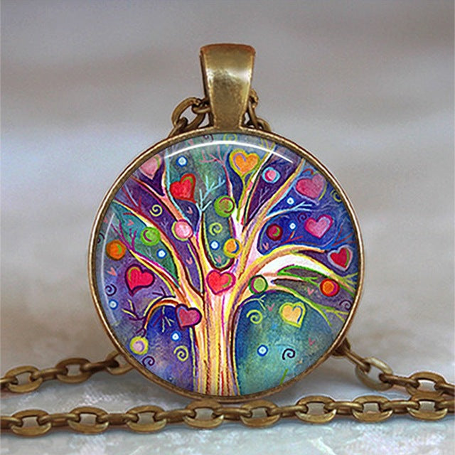 Tree Of Life Glass Cabochon Statement Necklace & Pendant Jewelry Vintage Charm Chain Choker Steampunk Jewelry Gift for Women