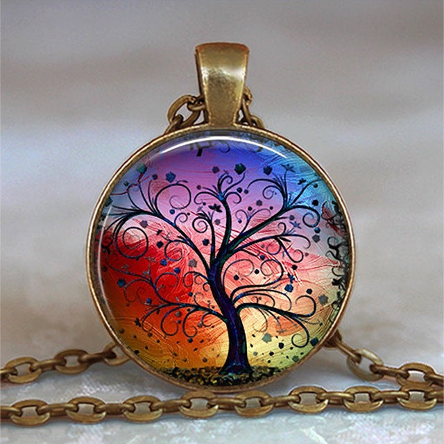 Tree Of Life Glass Cabochon Statement Necklace & Pendant Jewelry Vintage Charm Chain Choker Steampunk Jewelry Gift for Women