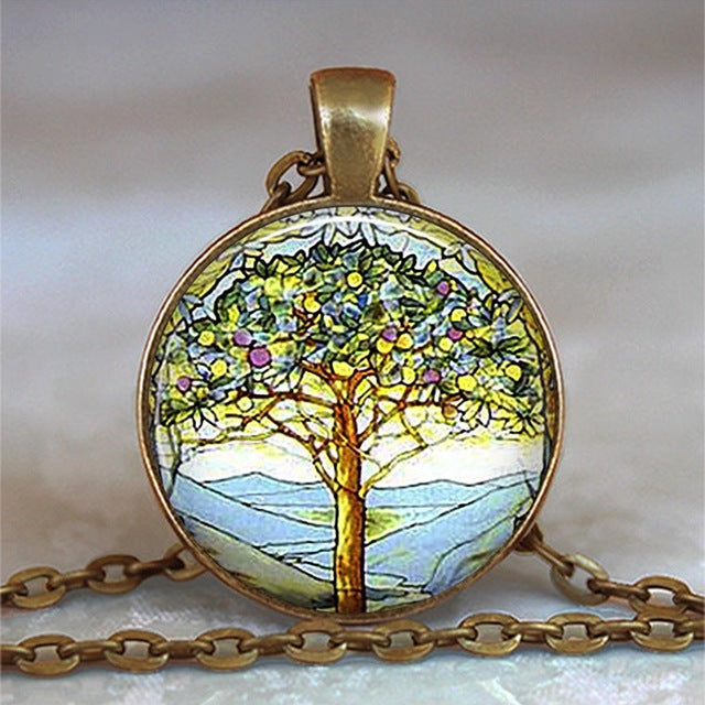 Tree Of Life Glass Cabochon Statement Necklace & Pendant Jewelry Vintage Charm Chain Choker Steampunk Jewelry Gift for Women