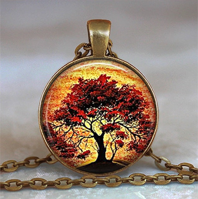 Tree Of Life Glass Cabochon Statement Necklace & Pendant Jewelry Vintage Charm Chain Choker Steampunk Jewelry Gift for Women