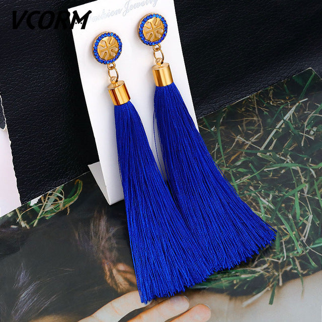 VCORM Bohemian Tassel Crystal Long Drop Earrings for Women Red Cotton Silk Fabric Fringe Earrings 2019 Fashion Woman Jewelry