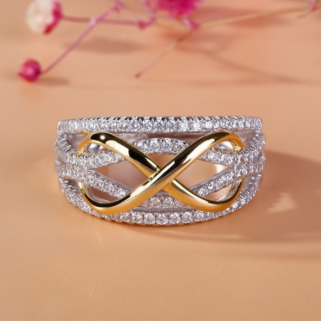 FFLACEL Hollow Two-tone Color Ring Wave Cubic Zircon Ring for Female Fashion Popular Rhinestone Wedding Rings for Women