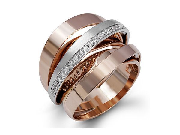 FFLACEL Hollow Two-tone Color Ring Wave Cubic Zircon Ring for Female Fashion Popular Rhinestone Wedding Rings for Women