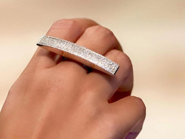 FFLACEL Hollow Two-tone Color Ring Wave Cubic Zircon Ring for Female Fashion Popular Rhinestone Wedding Rings for Women