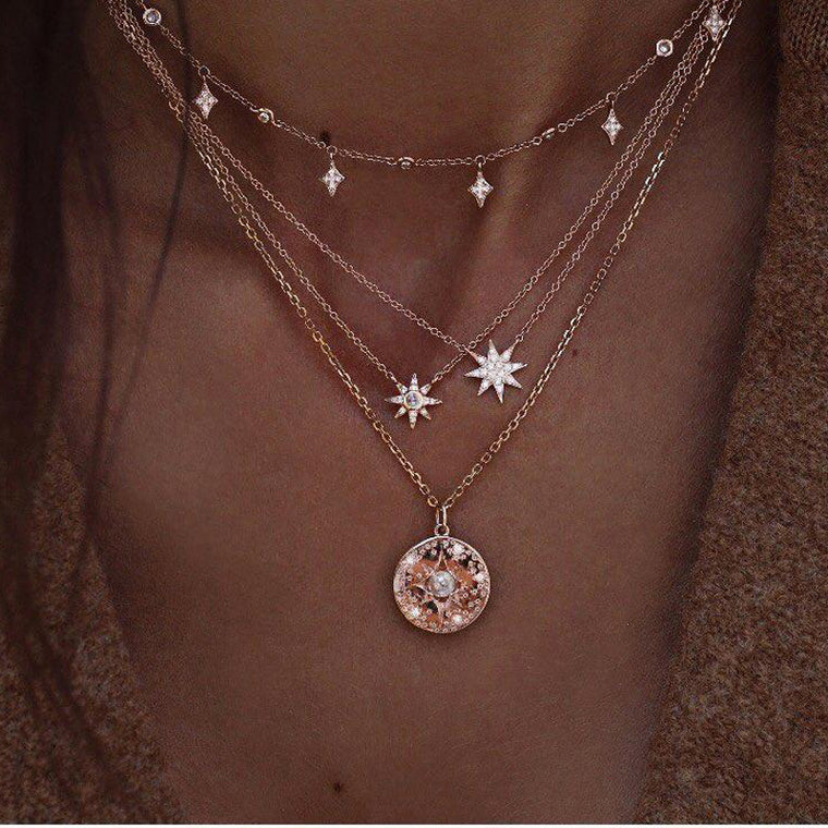 Tocona Boho Shiny Crystal Gem Round Stars Pendant Multilayer Chain Necklace Charm Pearl Gold Chain Party Jewelry Gift 6653