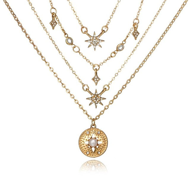 Tocona Boho Shiny Crystal Gem Round Stars Pendant Multilayer Chain Necklace Charm Pearl Gold Chain Party Jewelry Gift 6653