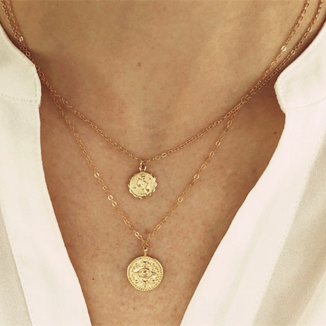 IF ME Vintage Multi Layered Necklace For Women Bohemian Coin Star Moon Geometric Chain Round Pendant Necklace Collar Jewelry New