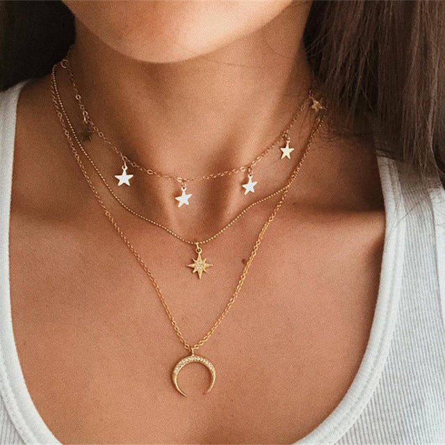 IF ME Vintage Multi Layered Necklace For Women Bohemian Coin Star Moon Geometric Chain Round Pendant Necklace Collar Jewelry New