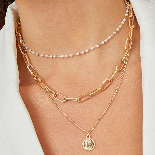 IF ME Vintage Multi Layered Necklace For Women Bohemian Coin Star Moon Geometric Chain Round Pendant Necklace Collar Jewelry New