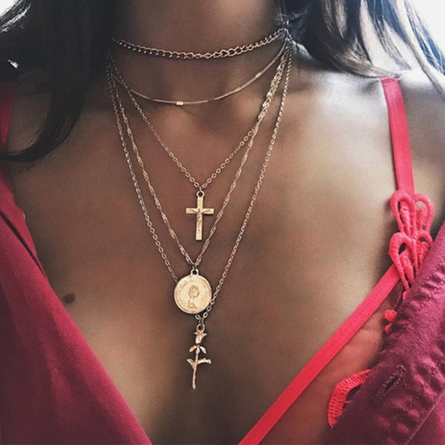 IF ME Vintage Multi Layered Necklace For Women Bohemian Coin Star Moon Geometric Chain Round Pendant Necklace Collar Jewelry New