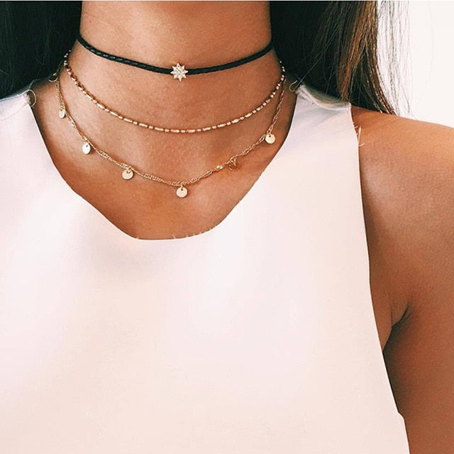 IF ME Vintage Multi Layered Necklace For Women Bohemian Coin Star Moon Geometric Chain Round Pendant Necklace Collar Jewelry New