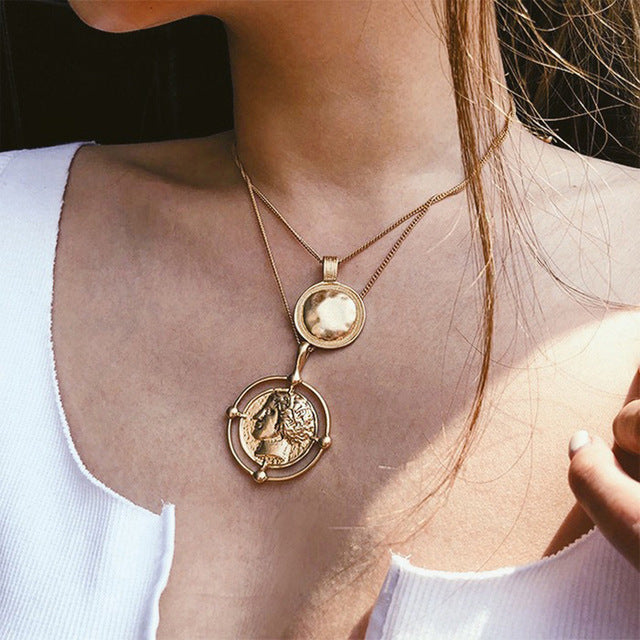 IF ME Vintage Multi Layered Necklace For Women Bohemian Coin Star Moon Geometric Chain Round Pendant Necklace Collar Jewelry New