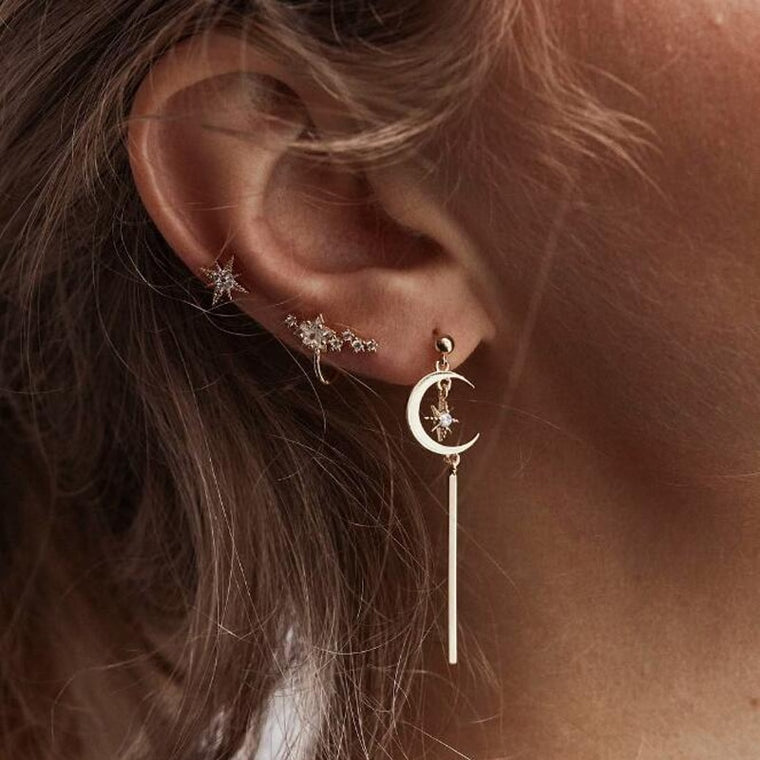 Tocona 3pcs/set Boho Star Moon Rhinestone Crystal Studs Earrings Set for Women Girl Gold Color Vintage Punk Metal Jewelry 2965