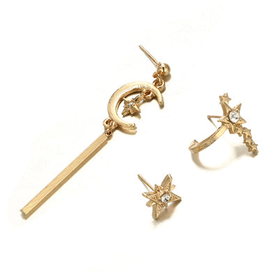 Tocona 3pcs/set Boho Star Moon Rhinestone Crystal Studs Earrings Set for Women Girl Gold Color Vintage Punk Metal Jewelry 2965