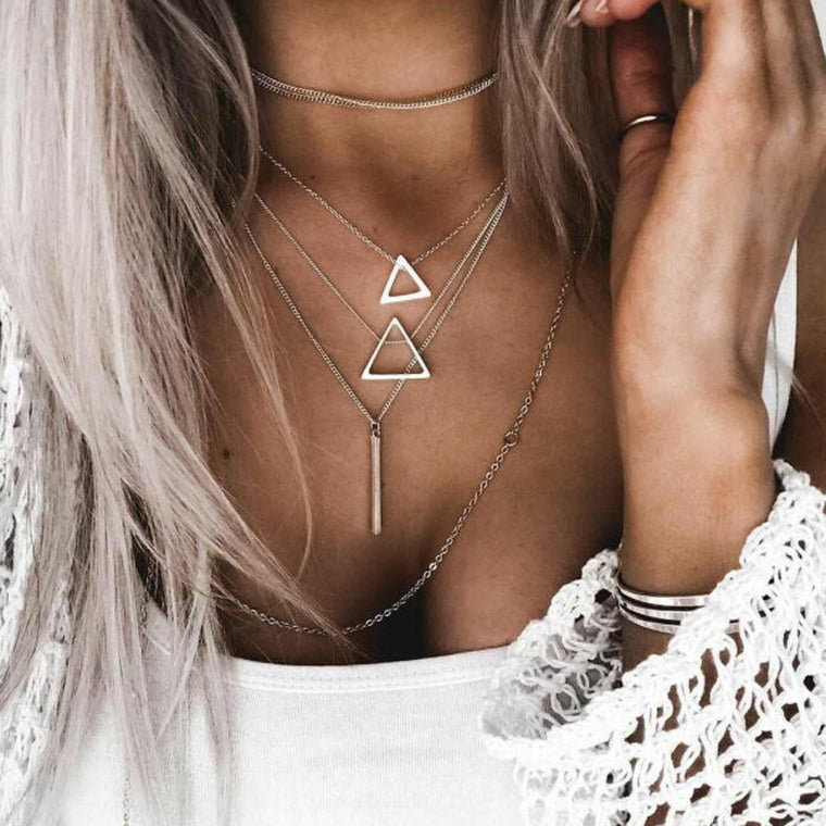 Tocona Bohemian Triangle Bar Stick Pendant Necklaces Multi Layer Silver Color Chokers Necklace Collar for Women Jewelry 6424