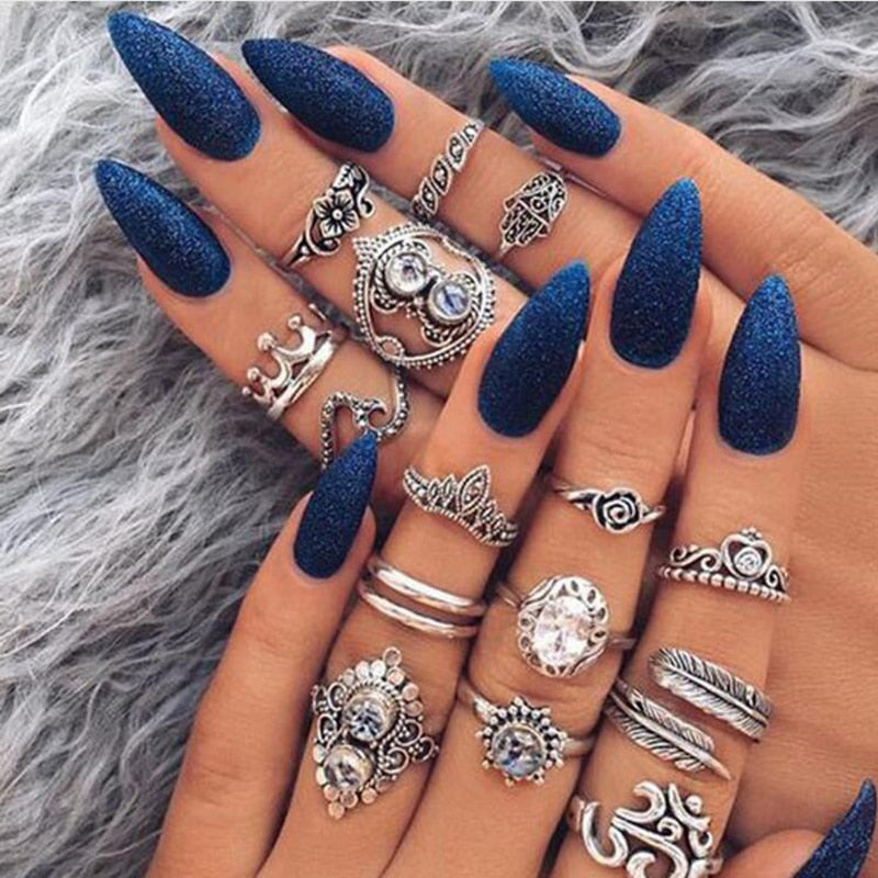 Tocona Antique Silver Color Geometric Ring Set Hasma Hand Flower Hoollow Out Heart Rings Carving Leaf Knuckle for Women 4020