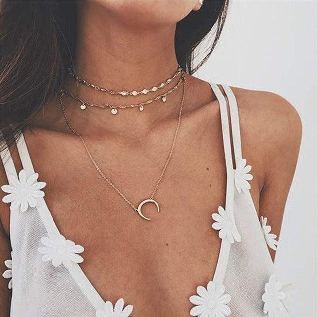Bohemian Multi Layered Necklace for Women Vintage Portrait Coin Star Moon Pendant Necklace Geometric Collier Collares