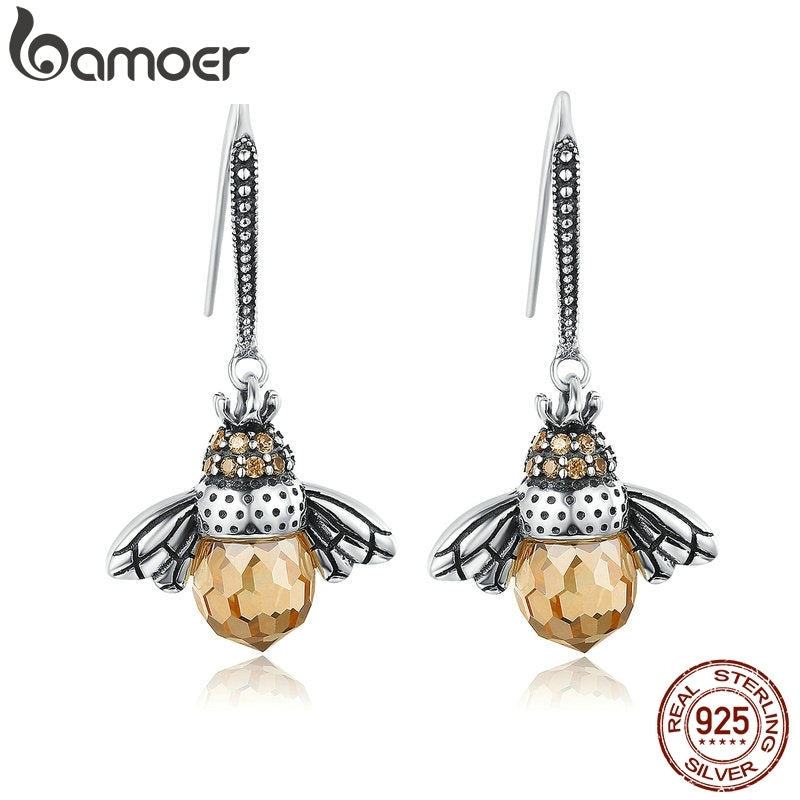 BAMOER Hot Sale Genuine 925 Sterling Silver Lovely Orange Bee Animal Drop Earrings for Women Fine Jewelry Gift Bijoux SCE149