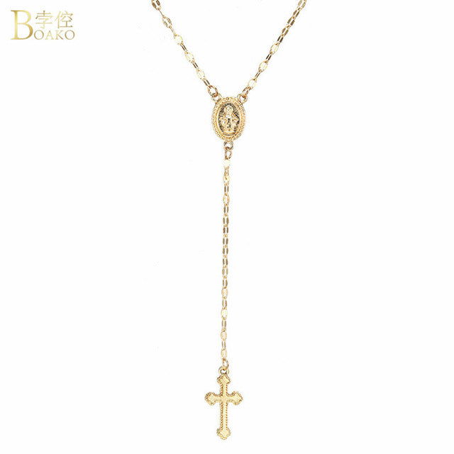 BOAKO Gold Cross Pendant Necklace Rosary Madonna Coin Necklaces For Women Religious Jewelry Sweater Long Chain Necklace collares