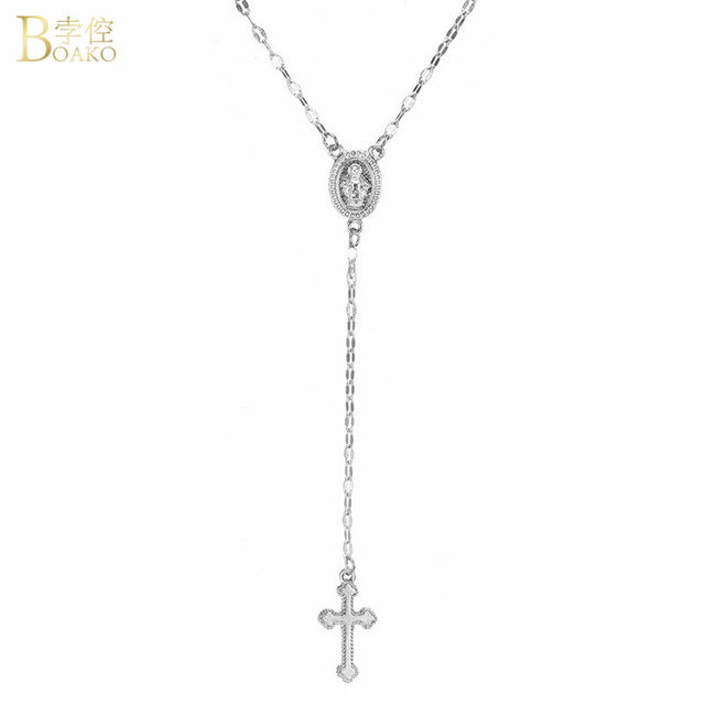 BOAKO Gold Cross Pendant Necklace Rosary Madonna Coin Necklaces For Women Religious Jewelry Sweater Long Chain Necklace collares