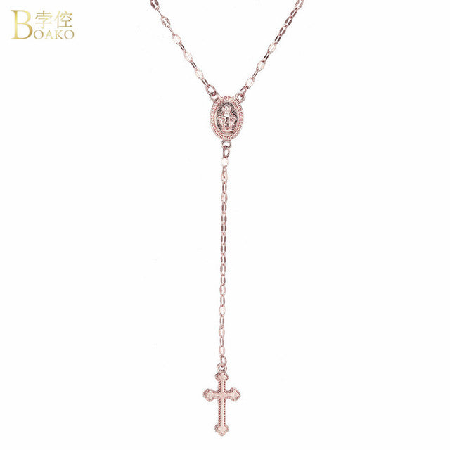 BOAKO Gold Cross Pendant Necklace Rosary Madonna Coin Necklaces For Women Religious Jewelry Sweater Long Chain Necklace collares