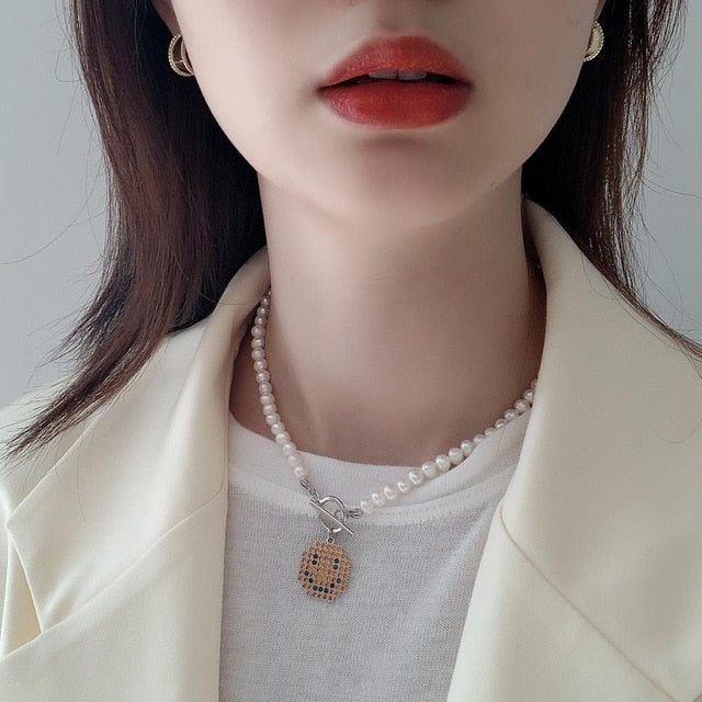 HUANZHI 2019 Hip Hop Multi-layer Imitation Irregular Pearls Chain Metal Beads Line Lock Chain Necklace for Women Jewelry