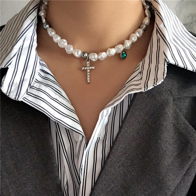 HUANZHI 2019 Hip Hop Multi-layer Imitation Irregular Pearls Chain Metal Beads Line Lock Chain Necklace for Women Jewelry