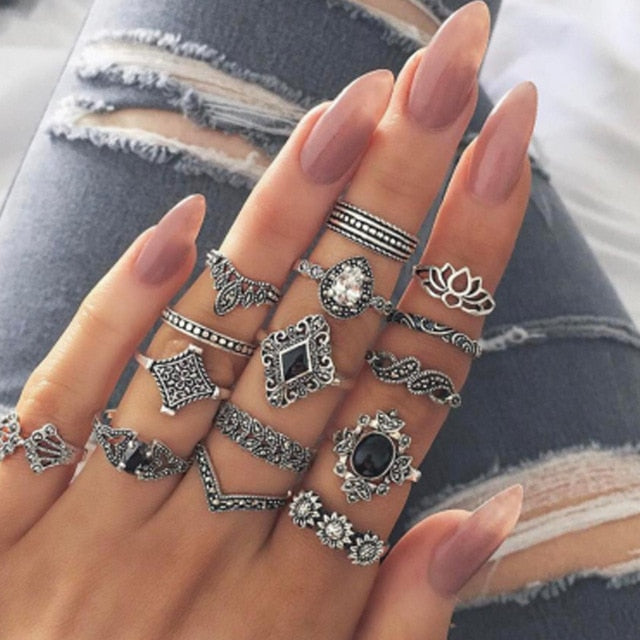 Tocona Bohemian Vintage Water Drops Star Geometric Crystal Ring Set Women Charm Joint Ring Fashion Jewelry Gift