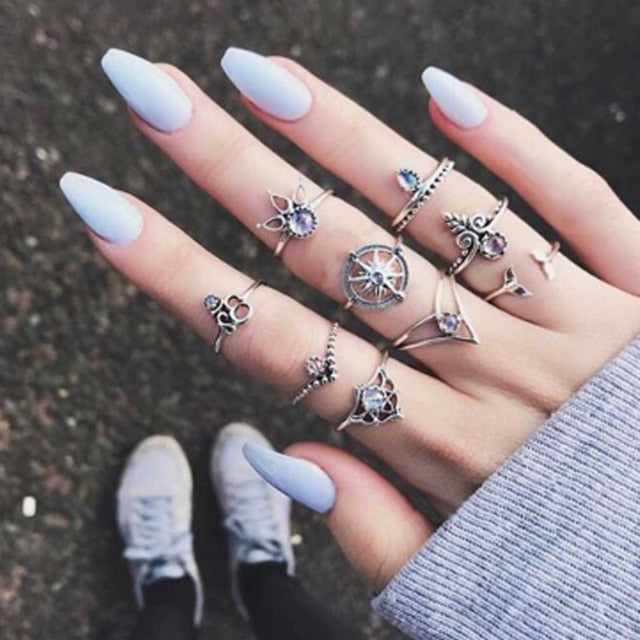 Tocona Bohemian Vintage Water Drops Star Geometric Crystal Ring Set Women Charm Joint Ring Fashion Jewelry Gift