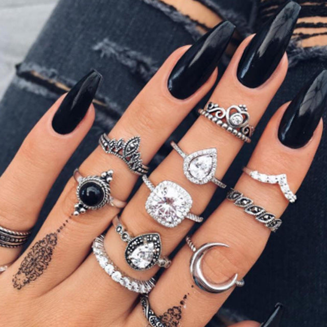 Tocona Bohemian Vintage Water Drops Star Geometric Crystal Ring Set Women Charm Joint Ring Fashion Jewelry Gift