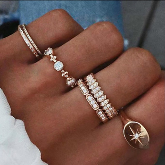 Tocona Bohemian Vintage Water Drops Star Geometric Crystal Ring Set Women Charm Joint Ring Fashion Jewelry Gift