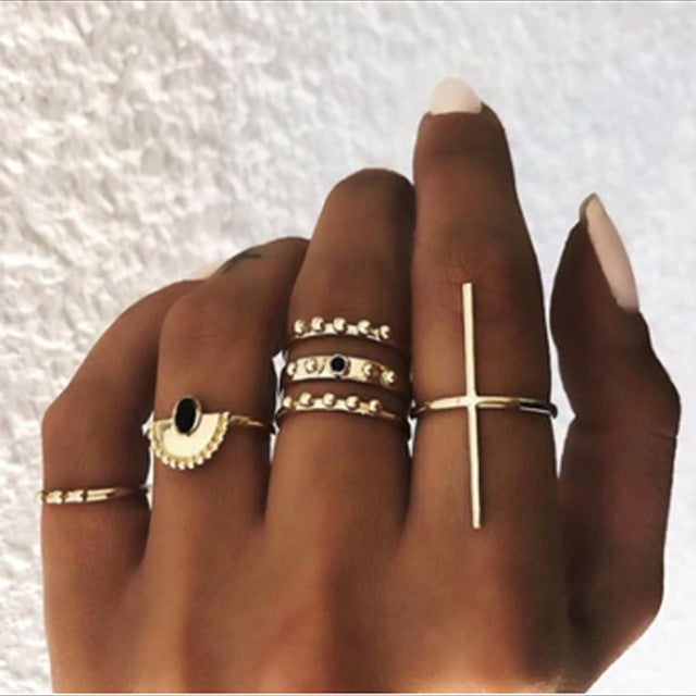 Tocona Bohemian Vintage Water Drops Star Geometric Crystal Ring Set Women Charm Joint Ring Fashion Jewelry Gift