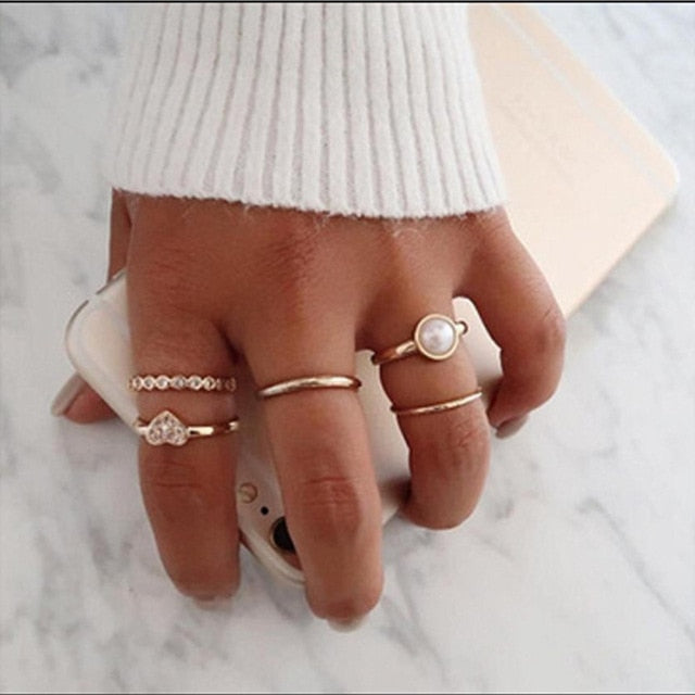 Tocona Bohemian Vintage Water Drops Star Geometric Crystal Ring Set Women Charm Joint Ring Fashion Jewelry Gift