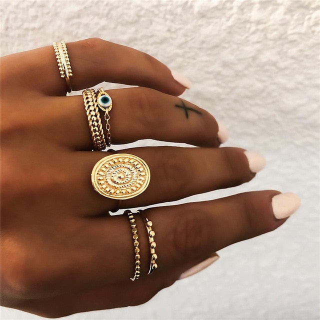 Yobest Bohemian Vintage Gold Crescent Geometric Joint Ring Set for Women Crystal Personality Design Ring Set Party Jewelry Gift