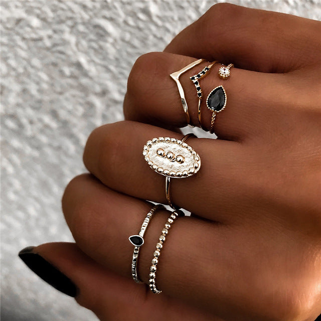 Yobest Bohemian Vintage Gold Crescent Geometric Joint Ring Set for Women Crystal Personality Design Ring Set Party Jewelry Gift