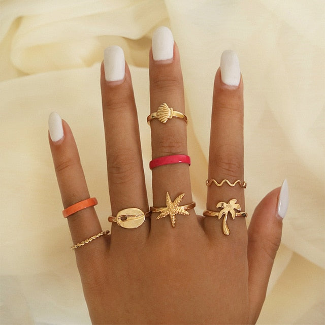 Yobest Bohemian Vintage Gold Crescent Geometric Joint Ring Set for Women Crystal Personality Design Ring Set Party Jewelry Gift