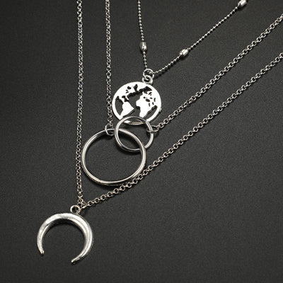 Tocona Boho Silver Color Circle Map Horns Pendant Necklace for Women Long Charms Layering Necklaces Party Jewelry Collars 6941