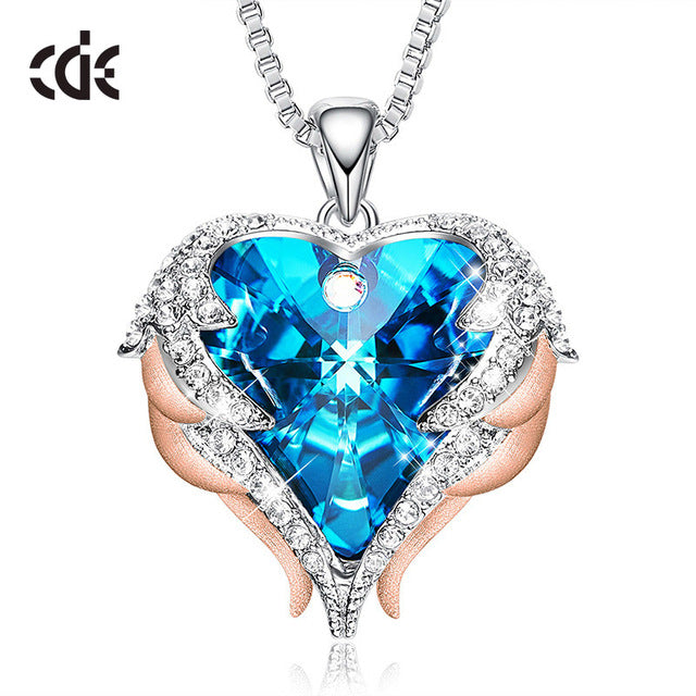 CDE Women Silver Color Necklace Embellished with Crystals from Swarovski Necklace Angel Wings Heart Pendant Valentines Gift