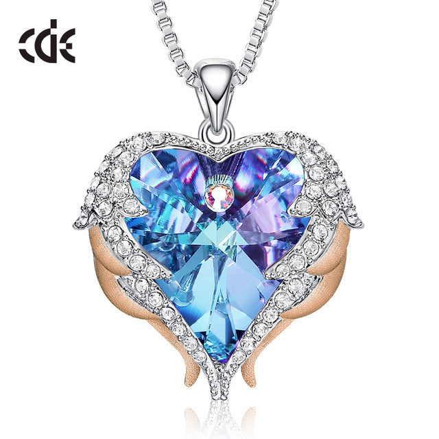 CDE Women Silver Color Necklace Embellished with Crystals from Swarovski Necklace Angel Wings Heart Pendant Valentines Gift