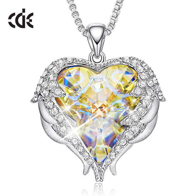 CDE Women Silver Color Necklace Embellished with Crystals from Swarovski Necklace Angel Wings Heart Pendant Valentines Gift