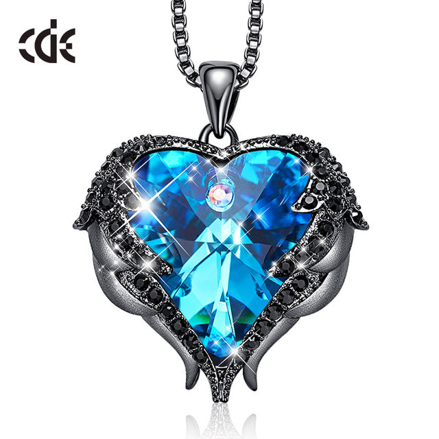 CDE Women Silver Color Necklace Embellished with Crystals from Swarovski Necklace Angel Wings Heart Pendant Valentines Gift