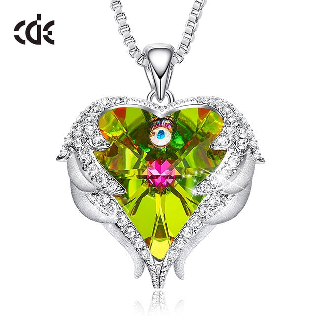 CDE Women Silver Color Necklace Embellished with Crystals from Swarovski Necklace Angel Wings Heart Pendant Valentines Gift