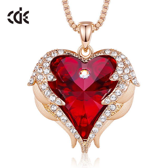 CDE Women Silver Color Necklace Embellished with Crystals from Swarovski Necklace Angel Wings Heart Pendant Valentines Gift