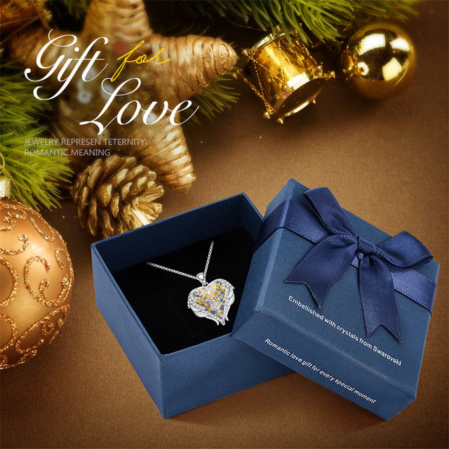 CDE Women Silver Color Necklace Embellished with Crystals from Swarovski Necklace Angel Wings Heart Pendant Valentines Gift