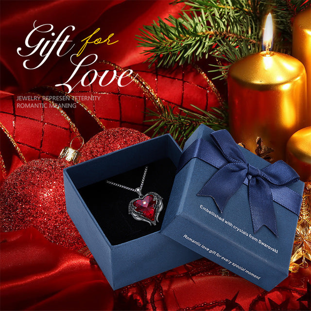 CDE Women Silver Color Necklace Embellished with Crystals from Swarovski Necklace Angel Wings Heart Pendant Valentines Gift