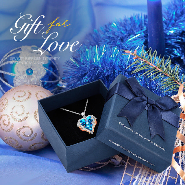 CDE Women Silver Color Necklace Embellished with Crystals from Swarovski Necklace Angel Wings Heart Pendant Valentines Gift