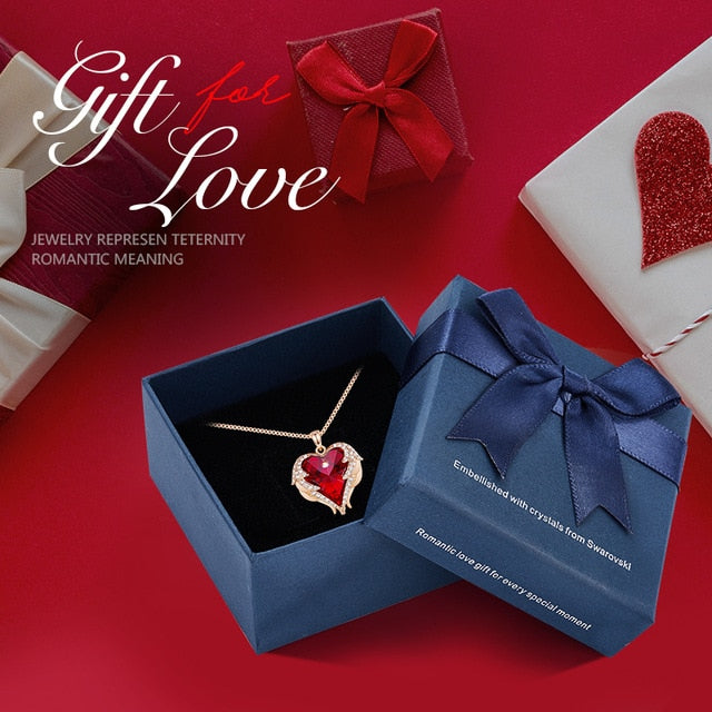 CDE Women Silver Color Necklace Embellished with Crystals from Swarovski Necklace Angel Wings Heart Pendant Valentines Gift