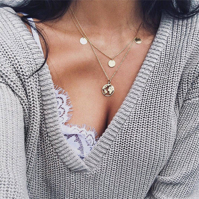 World Map Necklace Globetrotter Gold Map Pendant World Choker Map Crescent Moon Necklaces&Pendants Dainty Pendants For Women