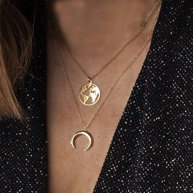 World Map Necklace Globetrotter Gold Map Pendant World Choker Map Crescent Moon Necklaces&Pendants Dainty Pendants For Women