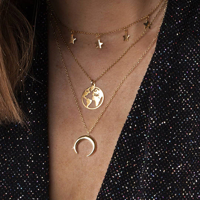 World Map Necklace Globetrotter Gold Map Pendant World Choker Map Crescent Moon Necklaces&Pendants Dainty Pendants For Women